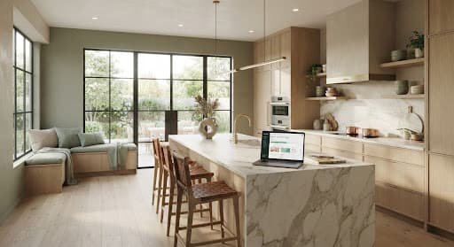 A high-end, minimalist architectural rendering of a modern sun-drenched kitchen with natural wood cabinetry and marble countertops